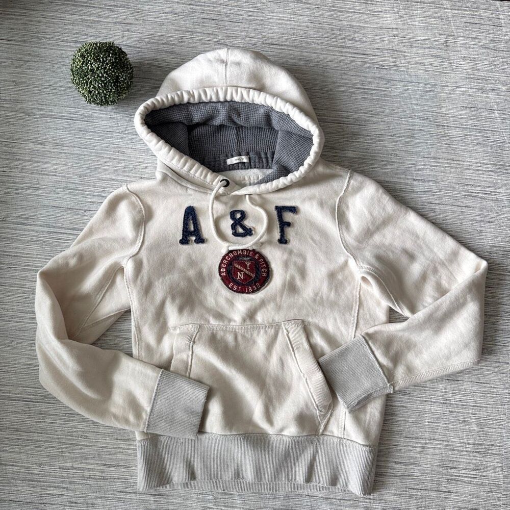 VTG Abercrombie & Fitch Hoodie Sweatshirt Y2K Applique A&F Patch Cream Medium